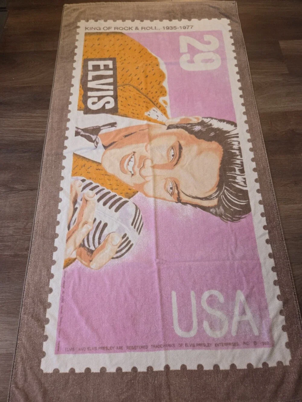 Vintage 1992 Elvis Presley Beach Towel 29 cent Postage Stamp Graphics